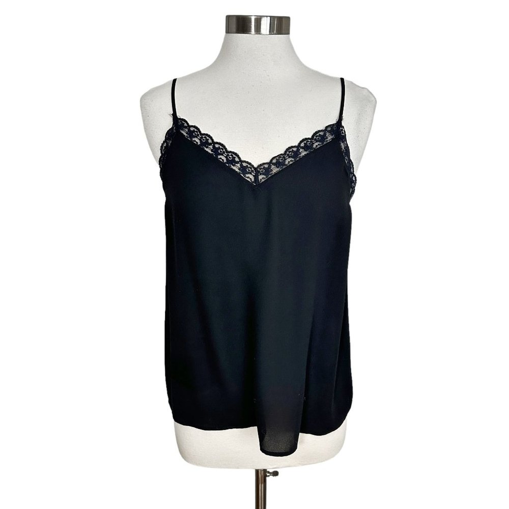 Halogen Medium Black Lace Chiffon V-Neck Cami Tank Top